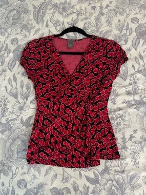 Ann Taylor Black and Pink Cherry-Print Wrap Top